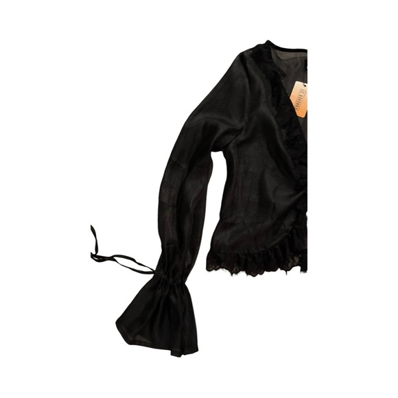 Black Sheer Black Ruffle Boho Blouse Long Sleeve M. - Picture 9 of 10